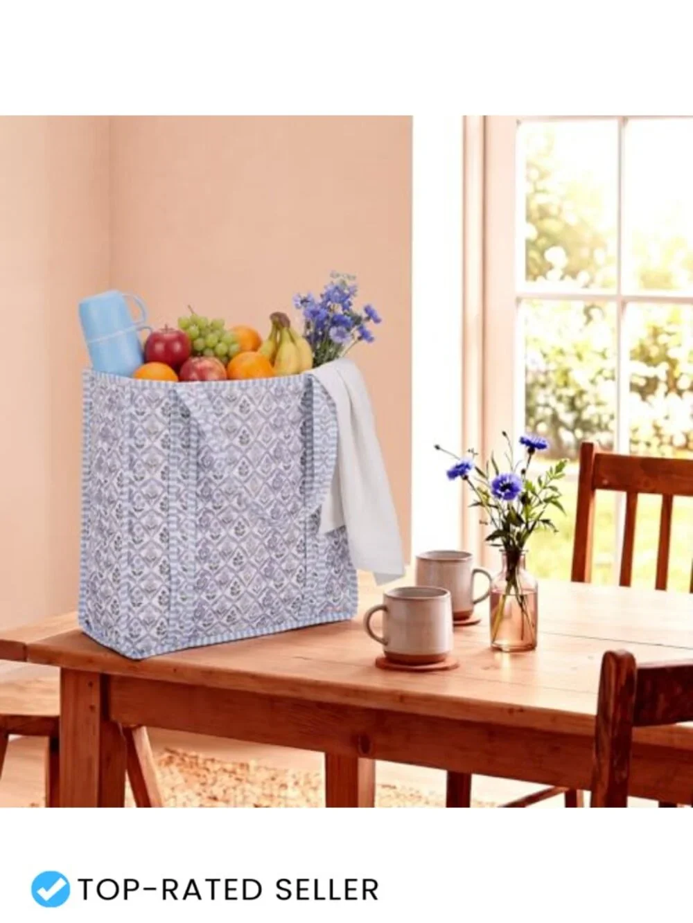 Quilted Tote Bag Block Print Floral Lightweight Handmade Shoulder Bag Market